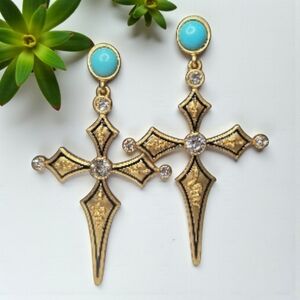 Insane Huge Gold Cross Snake Serpent Turquoise Cabochon Crystal Earrings